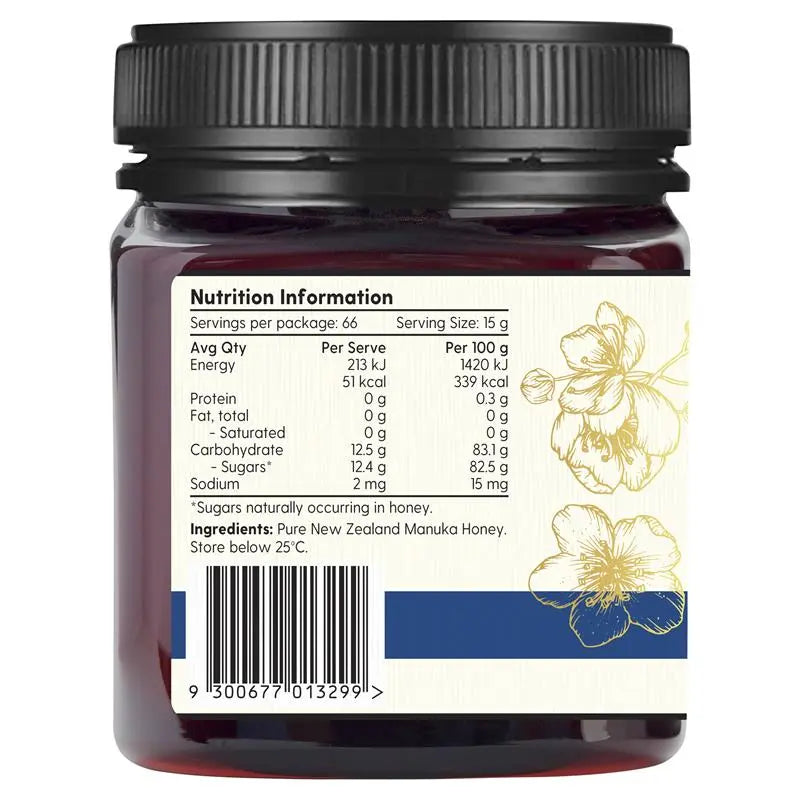 Nutrition label on a jar of honey with floral design